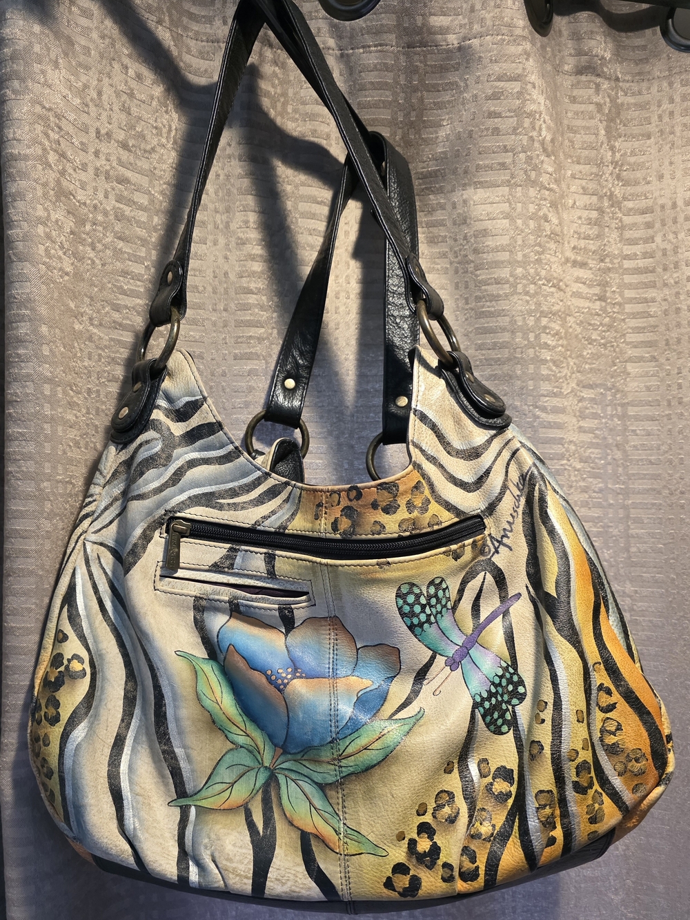 Anuschka Painted Floral & Dragonfly Shoulder Bag in Cream, Black and Blue